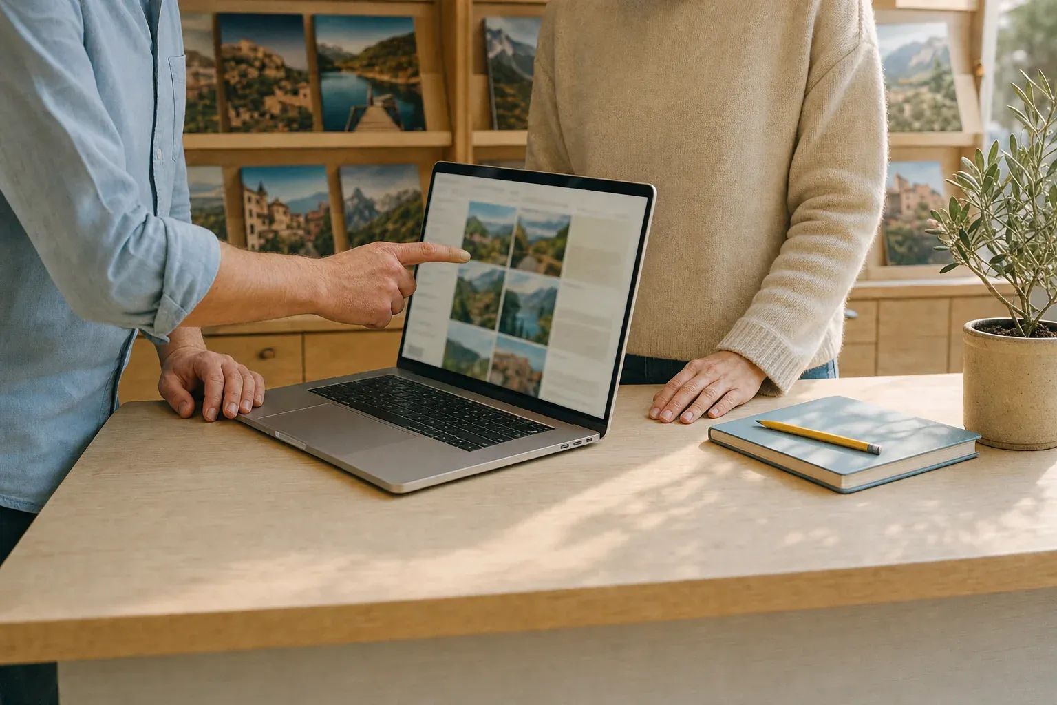 Au comptoir d'une agence de voyages, deux personnes regardent un ordinateur portable qui affiche des photos de paysages, devant un présentoir de catalogues.