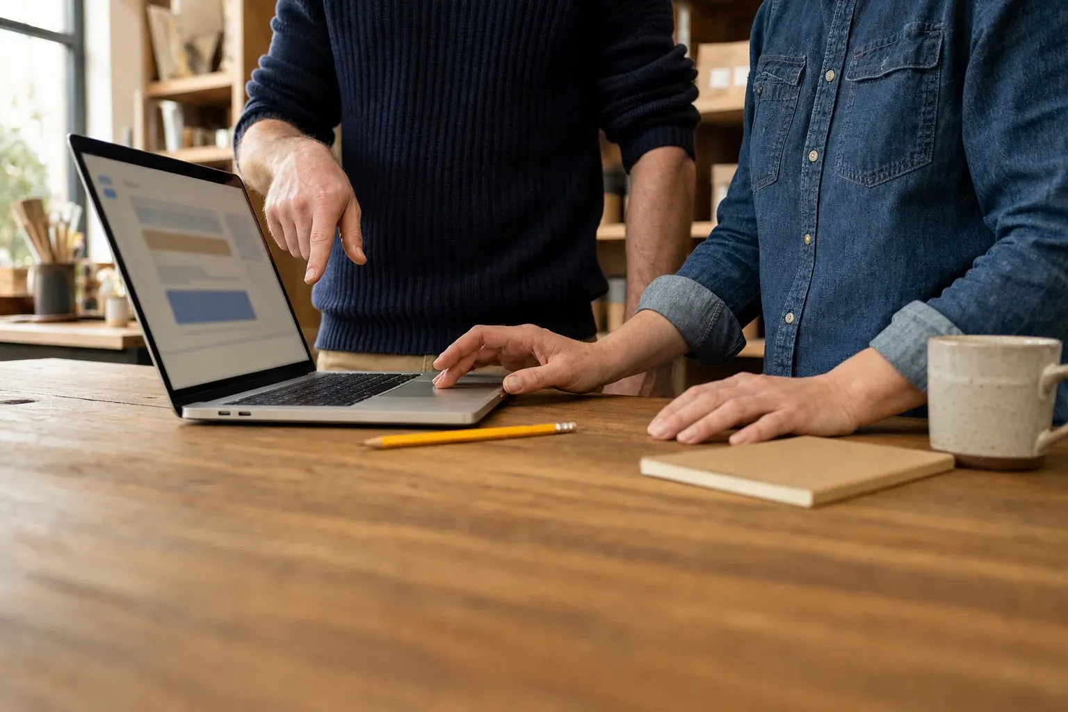 Deux personnes debout devant une table d'atelier en bois : l'une montre l'écran d'un ordinateur portable, l'autre a la main sur le pavé tactile.