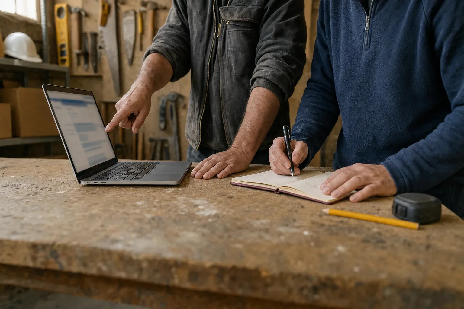 Dans le dépôt d'un artisan du bâtiment, une personne montre l'écran d'un ordinateur portable pendant qu'une autre prend des notes, devant un mur d'outils.