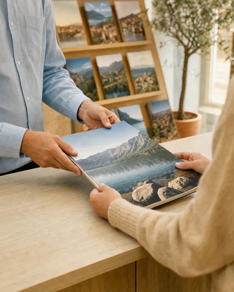 Au comptoir d'une agence de voyages, un catalogue à couverture de montagne passe d'une personne à l'autre.