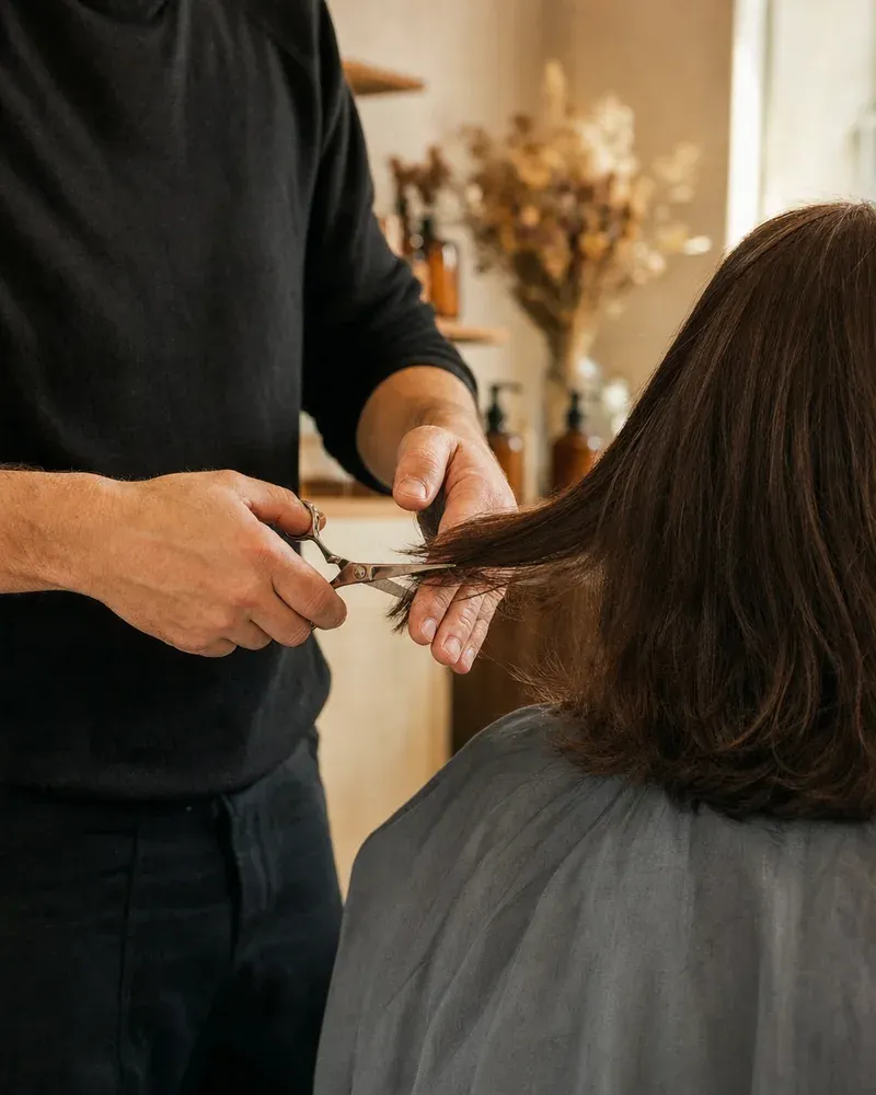 Dans un salon de coiffure, des mains coupent une mèche de cheveux châtains aux ciseaux ; la personne assise est vue de dos.