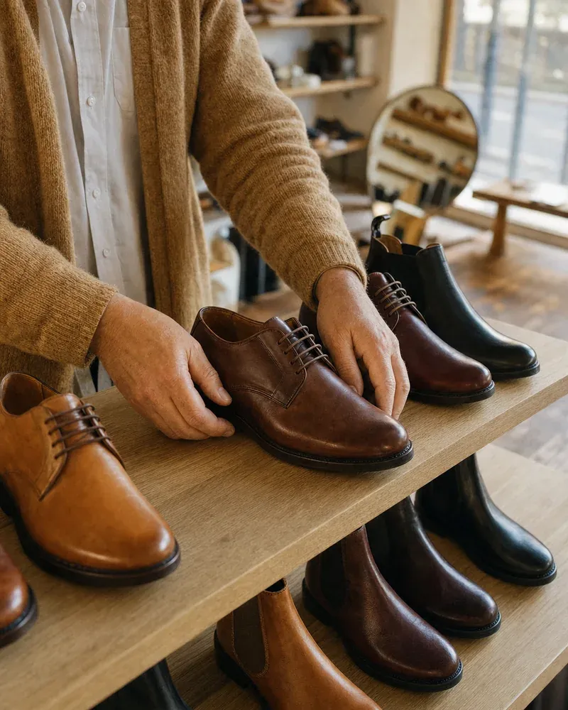 Mains qui disposent des chaussures en cuir sur une étagère en chêne, dans une boutique.
