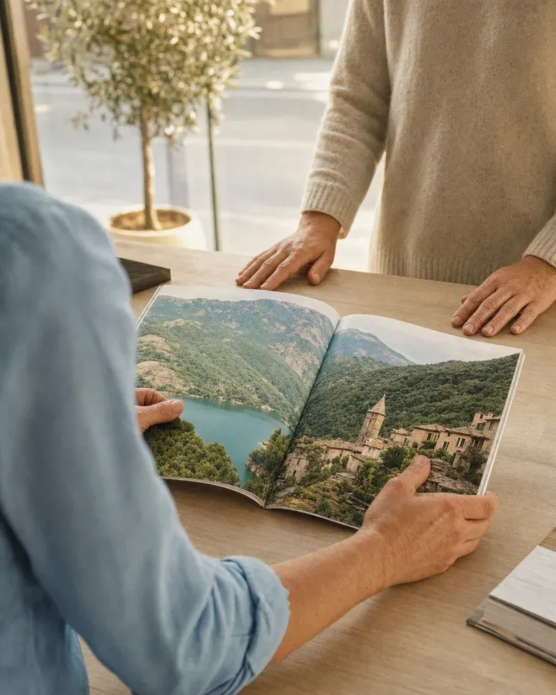 Au comptoir d'une agence de voyages, un catalogue ouvert sur des photos de montagne et de lac, présenté à une personne de l'autre côté du comptoir.
