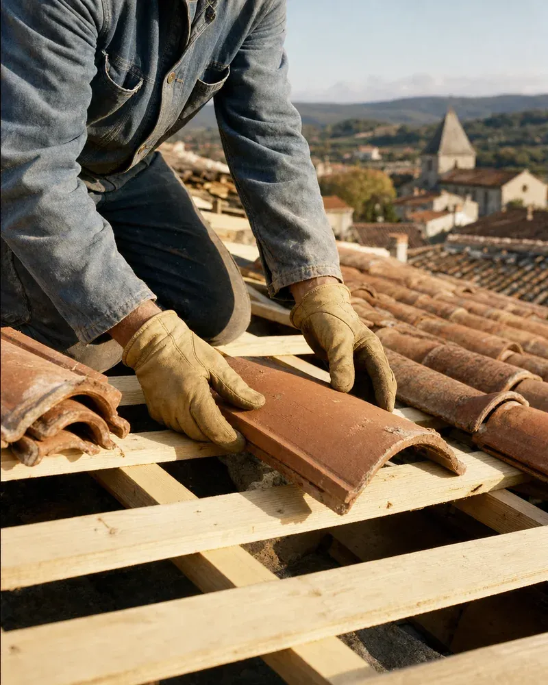 Mains gantées d'un couvreur qui pose une tuile en terre cuite sur des liteaux neufs, au-dessus des toits d'un village.