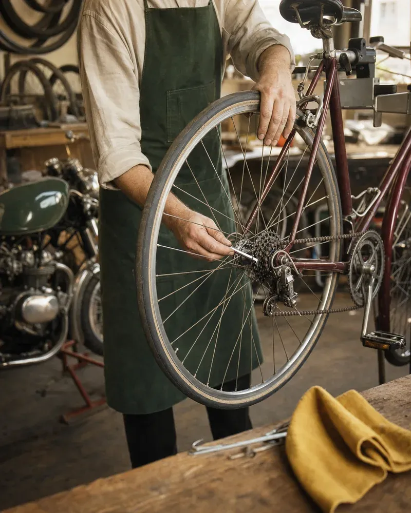 Mains d'un réparateur qui règle le dérailleur d'un vélo avec une clé six pans ; une moto attend au fond de l'atelier.