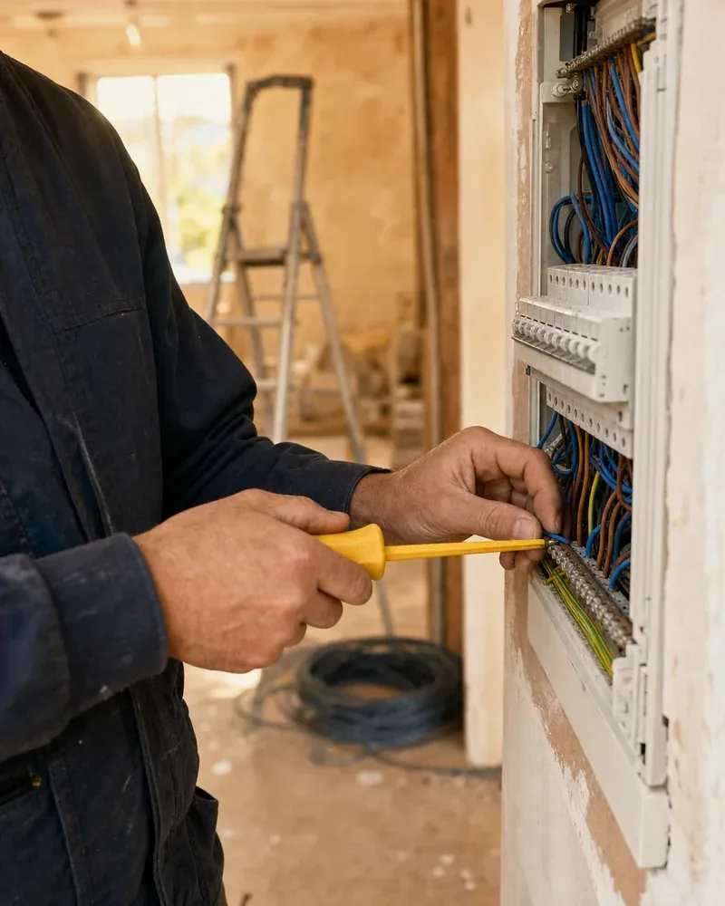 Mains d'un électricien qui raccorde des fils dans un tableau électrique, avec un tournevis à manche jaune.