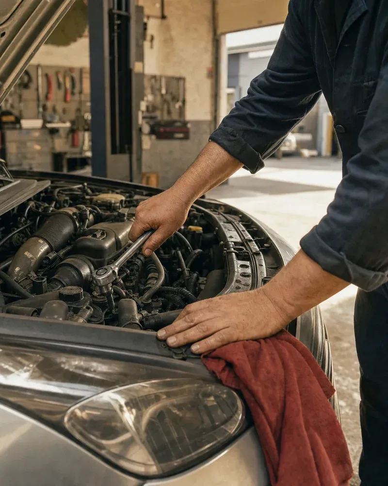Mains d'un mécanicien qui serre un écrou au cliquet dans le compartiment moteur d'une voiture, capot ouvert.