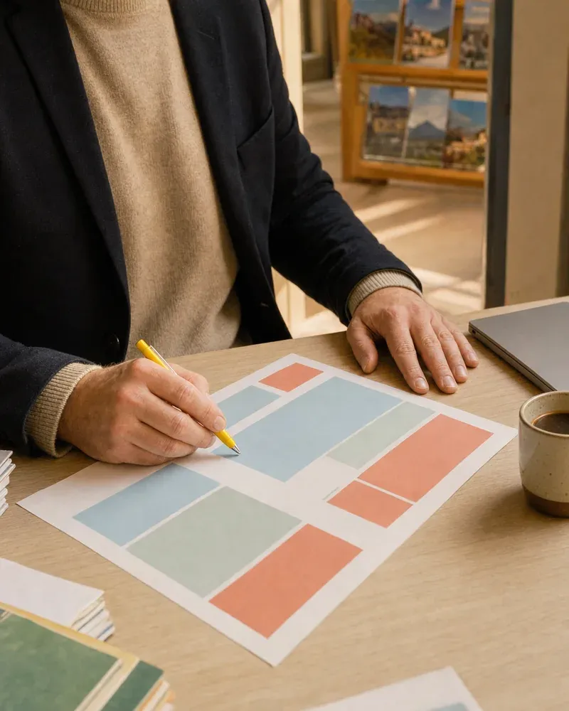 Une main annote un grand planning en couleurs sur un bureau, à côté d'un ordinateur fermé et d'une tasse de café ; au fond, le présentoir de l'agence.
