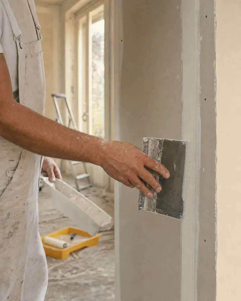 Main d'un peintre-plaquiste qui lisse l'enduit sur la jonction de deux plaques de plâtre, au couteau à enduire.
