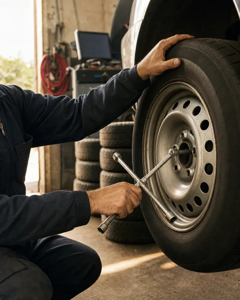 Mains d'un mécanicien sur la roue d'une voiture levée, une clé en croix sur un écrou de roue.