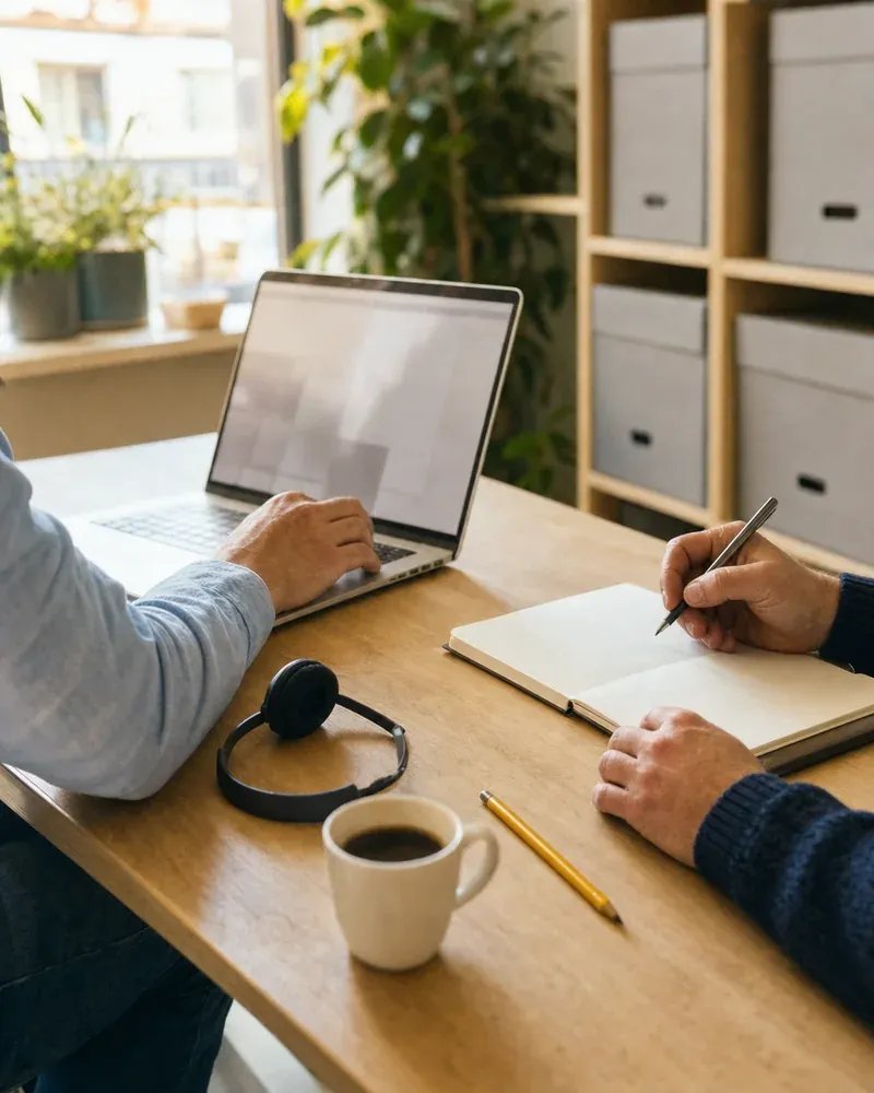 Deux personnes à un bureau : l'une travaille sur un ordinateur portable, l'autre prend des notes, à côté d'un casque téléphonique et d'une tasse de café.