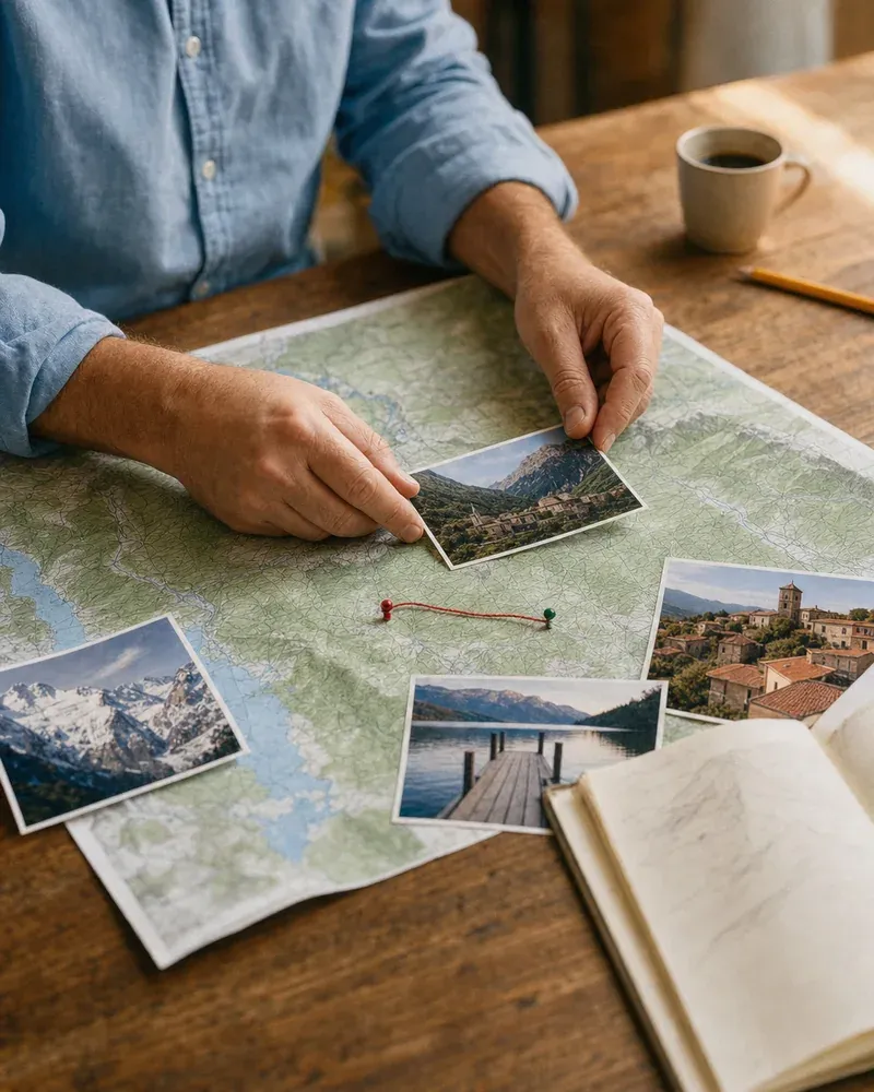 Des mains posent des photos de paysages sur une carte dépliée pour composer un itinéraire de voyage.